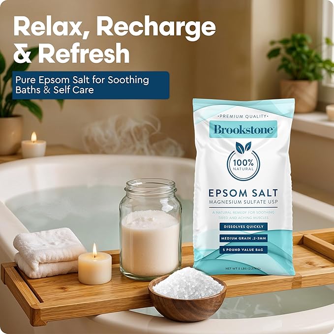 Brookstone 5 lb Epsom Salts Bulk Bag, Premium Magnesium Sulfate USP, Medium Grain – Unscented Salt Bath Soak, Bulk Epsom Salt Bath Soak for Soaking, Muscle Relief, Stress Relief & Skin Care
