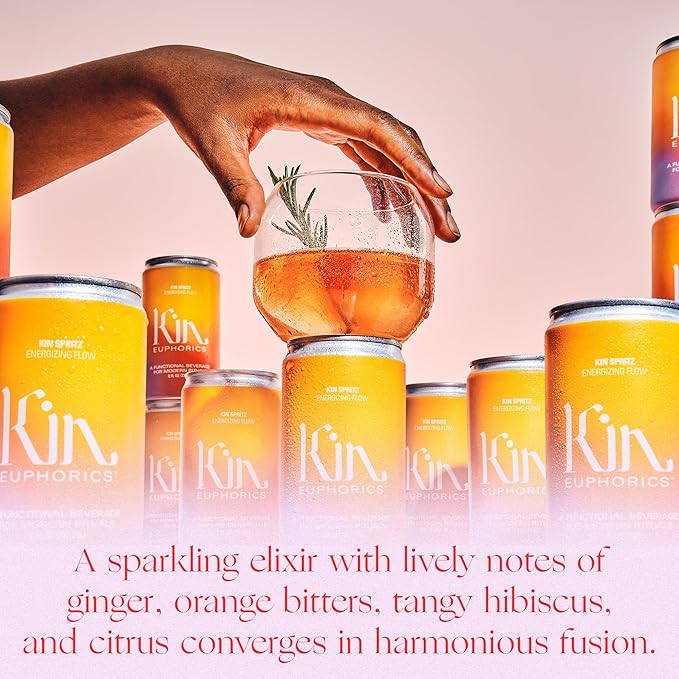 Kin Euphorics Kin Spritz Non-Alcoholic Functional Beverage | Invigorating Booster | Adaptogen & Nootropic Drink | Rhodiola Rosea, 5-HTP, GABA | Ready to Drink | 8 Fl Oz (12pk)