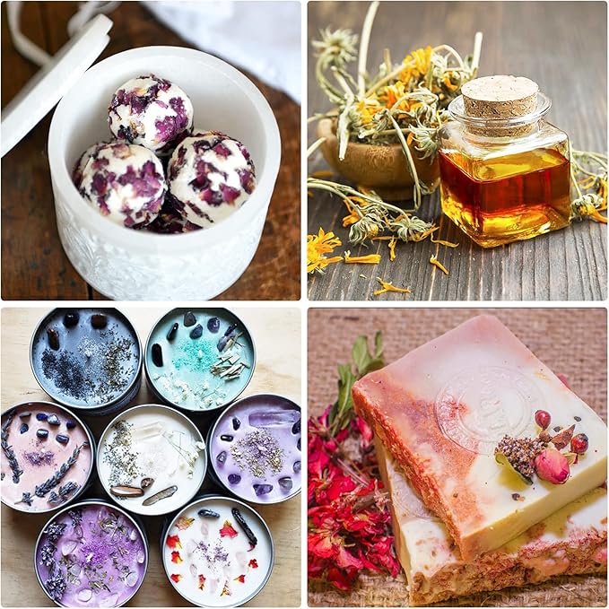 40 Bags Natural Dried Flowers Kit, Natural Dried Herbs with 2 Mesh Drawstring Bag for Soap,Candle,Resin Jewelry Making,Bath,Nail - Rose Petals,Rosebuds,Lilium,Jasmine,Don't Forget Me and More