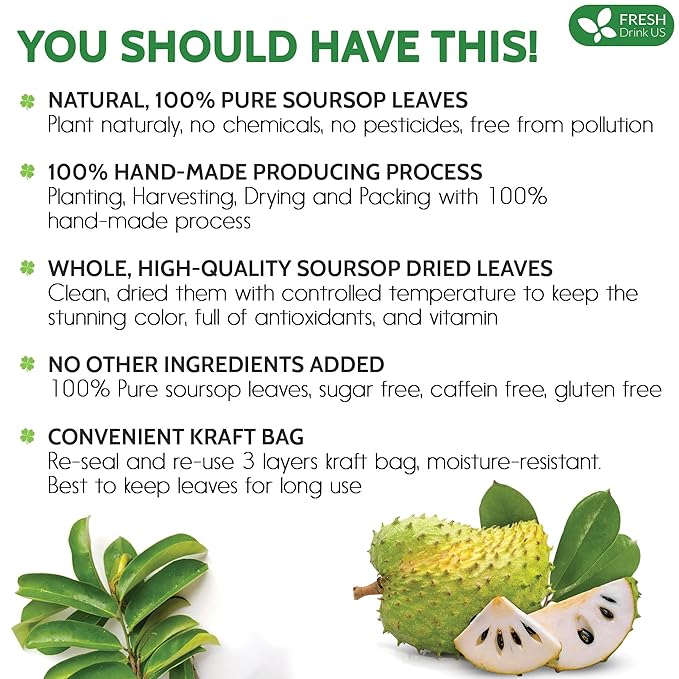 FreshDrinkUS, 330-350 Premium Soursop Dried Leaves Tea, 115 Cups, Hojas De Guanabana Whole Leaves, Wildcrafted, Graviola, Soursop, Guanabana Tea, Loose Leaf Herbal Tea, Gluten/Sugar/Caffeine Free