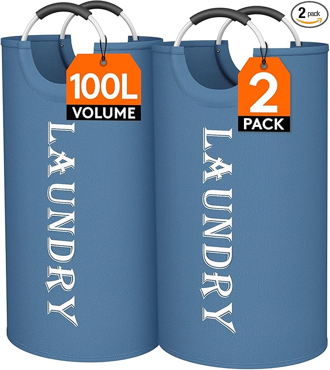 Lifewit 100L 2-Pack Large Laundry Basket, Collapsible Laundry Hamper with Aluminum Handles, Waterproof Freestanding Dirty Clothes Hampers for Laundry Room Bedroom Dorm Bathroom, Blue