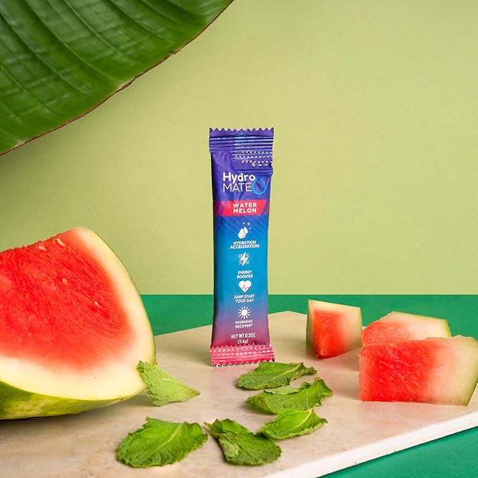 HydroMATE Electrolytes Powder Drink Mix Packets Hydration Accelerator Low Sugar Rapid Party Relief Recovery Vitamin C Plus Caffeine Watermelon 30 Count