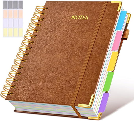 Hardcover Spiral Notebook journal with Removable Dividers Tabs, 300 Pages Leather 5 Subject Notebook College Ruled,A5 Notebooks for Work School Note taking,Lined Journal for Women,A5 Light Brown