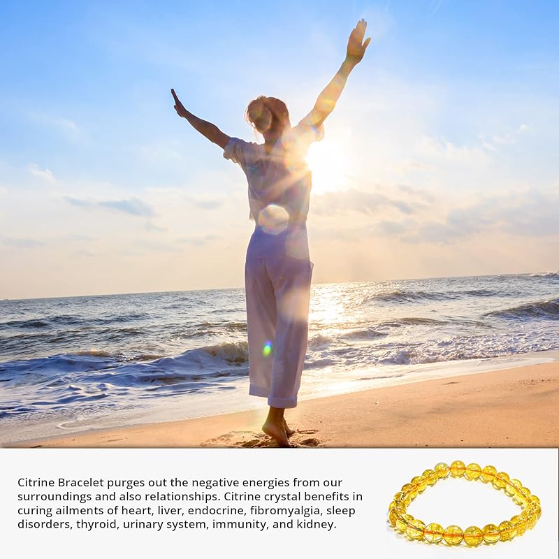 Citrine Bracelet, Natural Healing Crystal Bracelet for Women and Men, 8mm Round Beaded Bracelet for Spiritual, Protection, Positive Energy, Elastic Adjustable Size Gemstone Bead Bracelet