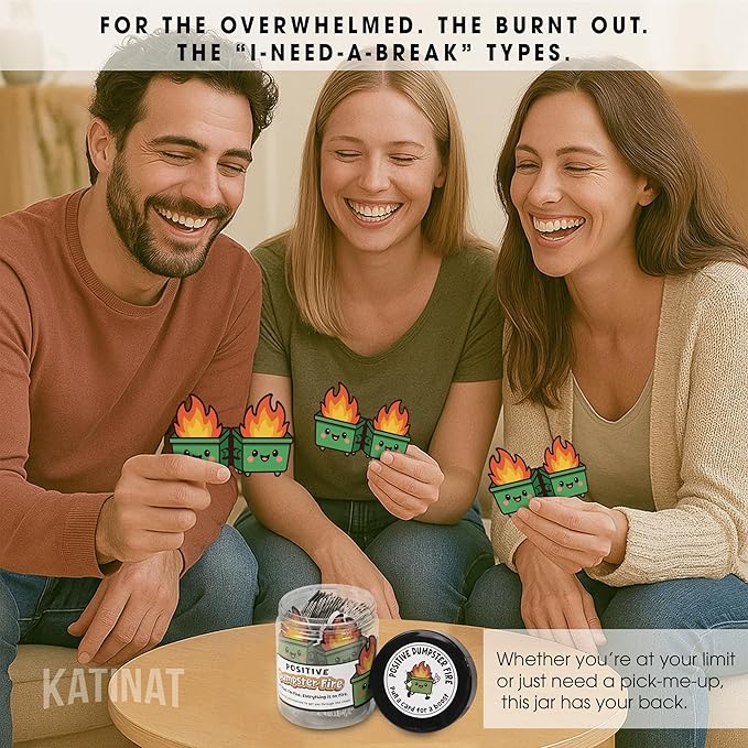 Emotional Supports Dumpster Fire Jar, 60 Positive Affirmation Cards, Dumpster Fire Desk Accessories, Relaxation Gifts, Coworker Gifts for Women, Great Gift for Boss, Teacher, Friends