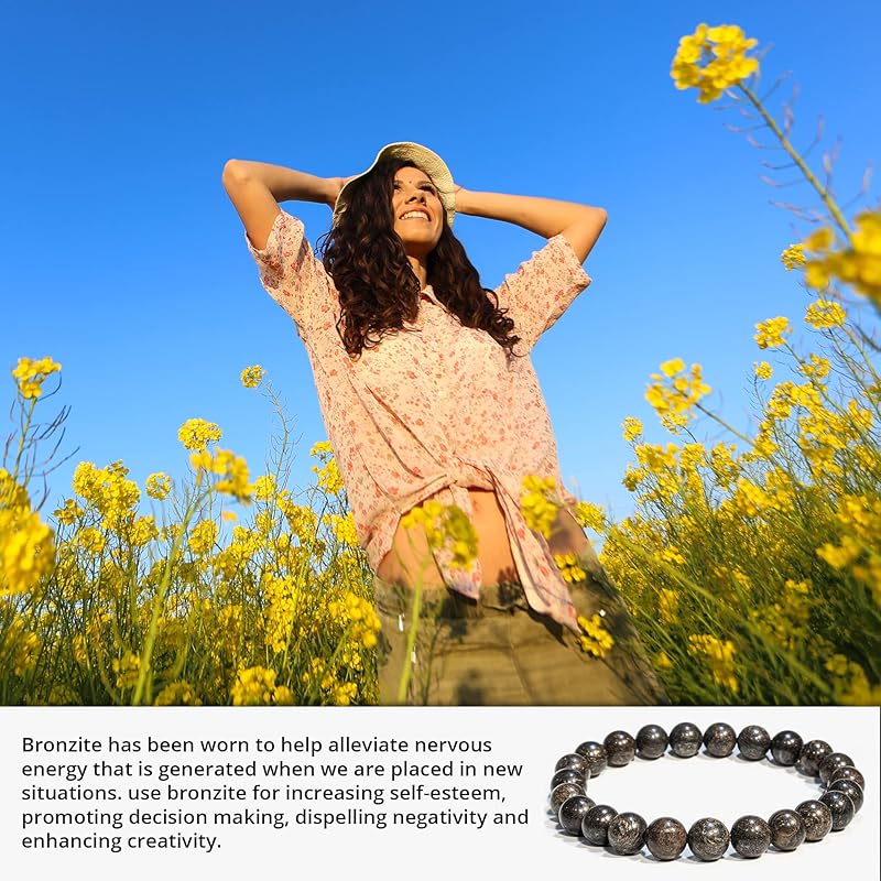 Bronzite Bracelet, Natural Healing Crystal Bracelet for Women and Men, 8mm Round Beaded Bracelet for Spiritual Healing, Protection, Positive Energy, Elastic Adjustable Size Gemstone Bead Bracelet