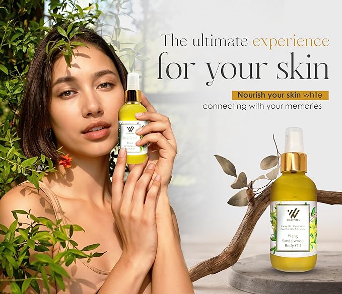 Wild Vibes Ylang Sandalwood + Amber Luxury Body Oil – Organic with Sandal and Tropical Oils for Hydrated, Radiant Skin – Anti-Aging After Shower for Women – 4 oz