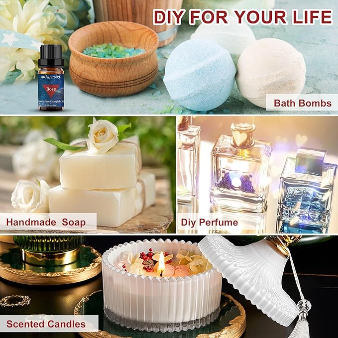 BURIBURI Rose Essential Oil for Diffuser, Massage, Soap, Candle, Perfume Making - 100% Pure, Undiluted, Natural, Organic Aromatherapy - 10ml - Romantic Rose Scented Oil for Women