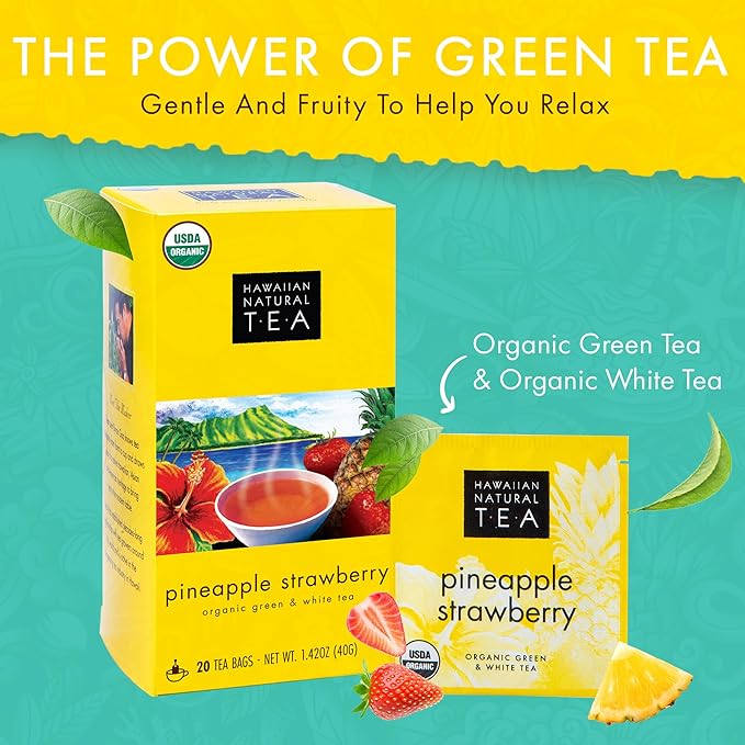 Hawaiian Natural Tea Pineapple Strawberry Flavored Organic Tea - Tropical Fruit Green Tea Blend with White Tea - Perfect Daily Cup & Gift for Tea Lovers - 60 Tea Bags