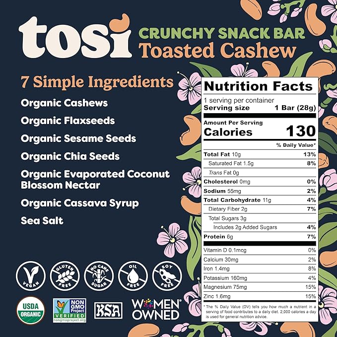 Tosi Cashew Protein Bars, Plant Based with Nuts, Gluten-Free Crunchy Snacks, Vegan, Organic, Flax & Chia Seeds, Soy-Free, Omega 3s, 5G Protein, 1 oz, 12-Pack