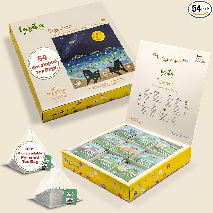 Lazika Herbal Tea Variety Pack with Lovely Presentation Box, 54 Counts Digestion Tea Assortment Gift Set, Premium Collection with Pyramid Infuser Bag, Handcrafted