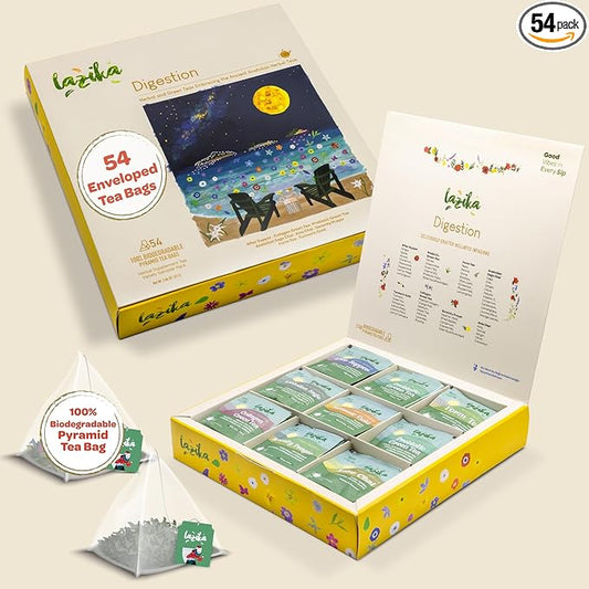 Lazika Herbal Tea Variety Pack with Lovely Presentation Box, 54 Counts Digestion Tea Assortment Gift Set, Premium Collection with Pyramid Infuser Bag, Handcrafted