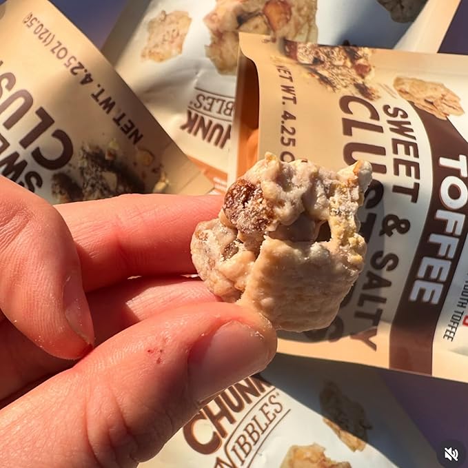 Chunk Nibbles Toffee Snack Clusters - Buttery Milk Chocolate Toffee with Pretzels & Corn Squares - Award-Winning Gourmet Treat, Small Batch, Handcrafted - 4.25oz Resealable Pouch (3 Pack)