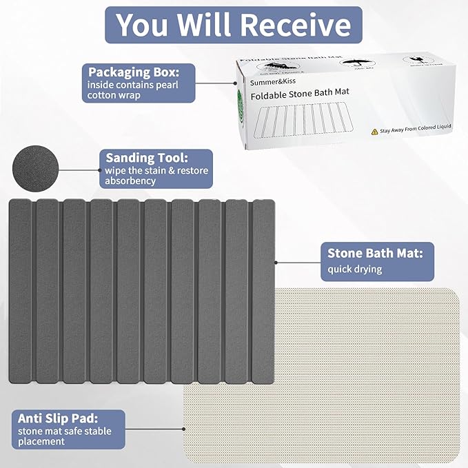 Foldable Stone Bath Mat, Quick Dry Stone Drying Mats for Bathroom, Super Absorbent Bath Mat, Non Slip, Large Diatomaceous Earth Dish Drying Mats for Kitchen Counter 23.5 x 15.4in, Dark Gray