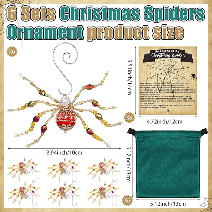 Cunno 6 Sets Legend of The Christmas Spider Gifts Christmas Spider Miracle Ornament with Card and Bag The Tradition of Tinsel Legend Spiders Hanging Handmade Decor for Xmas Tree Xmas