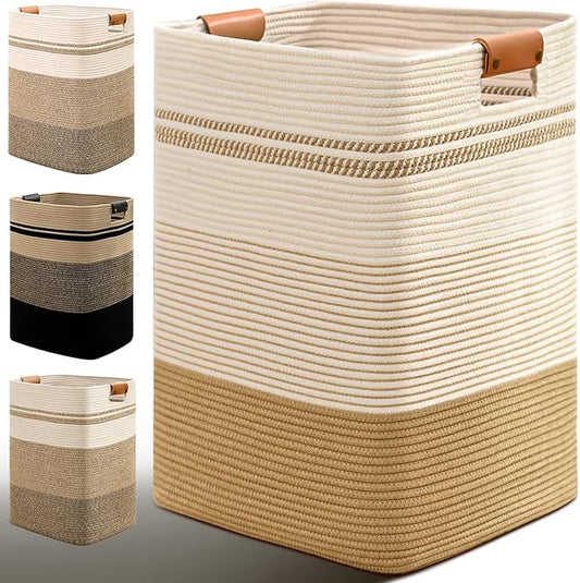 Laundry Hamper, 85L Tall Laundry Basket with Leather Handles, Rectangle Large Clothes Hamper for Organizing, Cotton Woven Laundry Baskets Storage Hampers for Bedroom, Nursery, Living Room