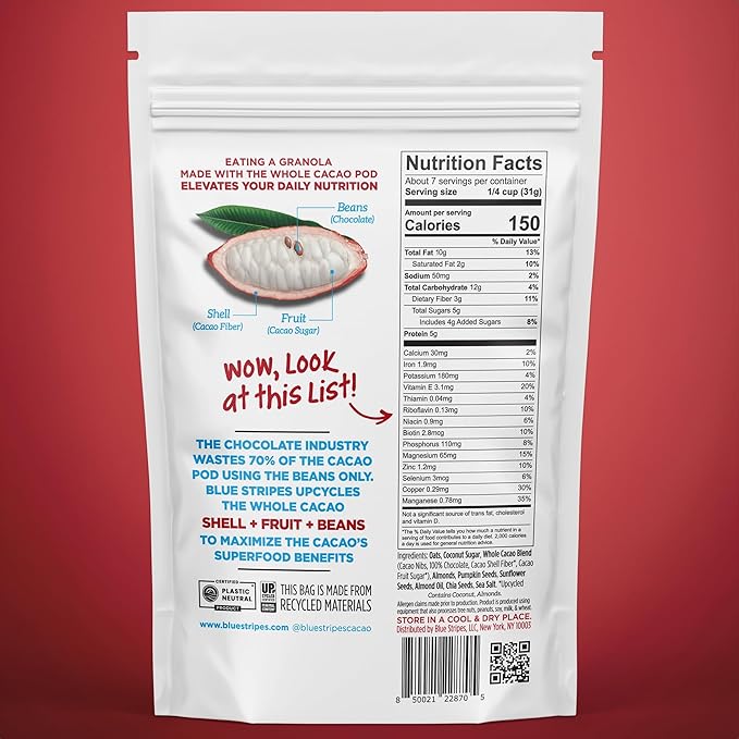 Blue Stripes Whole Cacao Granola - Gluten Free 70% Dark Chocolate Granola for Cereal, Oatmeal, Yogurt, 5g Protein Per Serving, Source of Fiber, Vegan, Low Sugar - Dark Chocolate, 8 oz Bag (3 Pack)