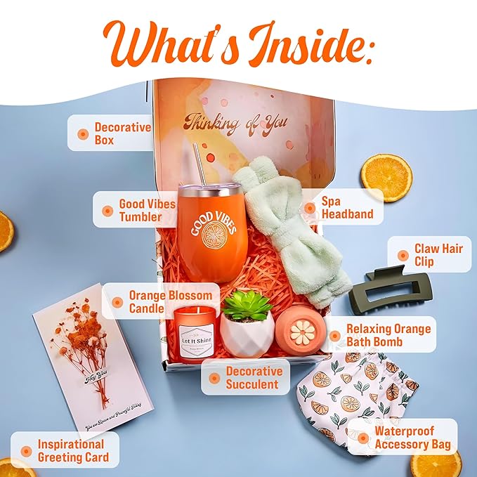 Sunny&Wise Orange Themed Gift Baskets for Women - Designed in USA - Care Package, Self Care Gifts, Get Well Soon, Thinking of You