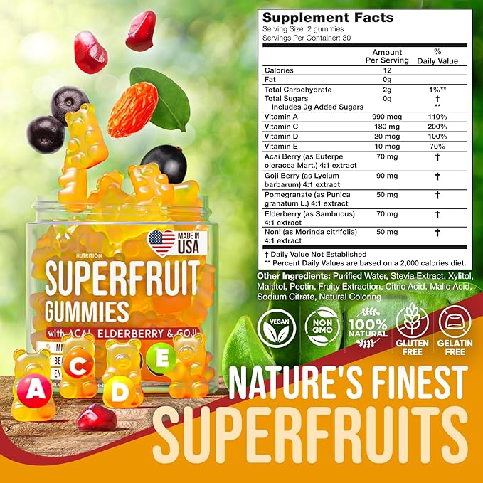 Joyli Superfruit Gummies - Sugar-Free Fruit Multivitamin Gummies for Adults - Natural Gummy Vitamins for Women & Men with Goji, Elderberry, Vitamins A, C, D & E - Supports Immunity, Digestion & Energy