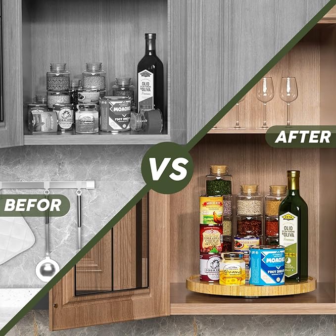 Lazy Susan for Table, 12 Inch Non-Skid Bamboo Turntable Organizer for Salt Pepper Spices and Olive Oil Next to Stove, Wooden Lazy Susan Organizer for Kitchen Countertop Organizer