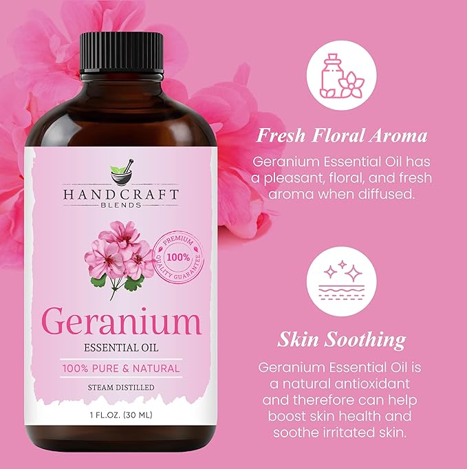 Handcraft Blends Geranium Essential Oil – 1 Fl Oz – 100% Pure and Natural – Premium Grade Essential Oil for Diffuser and Aromatherapy, Skin, Massage, Candle and Soap Making Fragrance