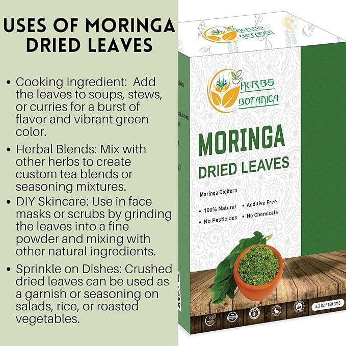 Herbs Botanica Dried Moringa Leaves Tea Leaf Hojas De Moringa Nutrient-Rich Herbal Tea Infusion for Immunity, Energy, and Wellness Energy Boost and Gluten Free 5.3oz / 150 gms