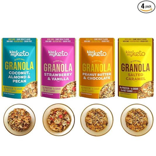 Kiss My Keto Sugar Free Granola, Variety Pack – Curb Cravings with Few Net Carbs – Allulose Sweetened, Resealable & Gluten-Free Crunchy Clusters – Grain Free Granola Great With Yogurt or Milk