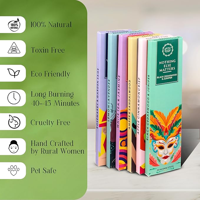 Raajsee Natural Incense Sticks Variety Pack with Incense Stick Holder, Pack of 6 Organic Insence Sticks,120 Inscents-Sticks, Meditation Gifts for Spiritual Cleansing - Organic Incense Sticks Non Toxic