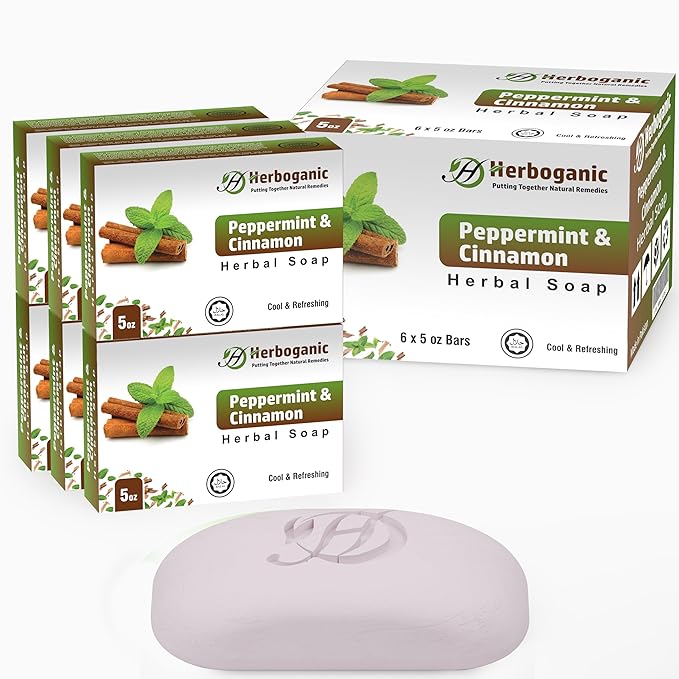 HERBOGANIC Peppermint and Cinnamon Herbal Soap | Pack of 6 of 5oz soap Bar | Ideal for Men and Women, Soothing and Nourishing Soap for Moisturization