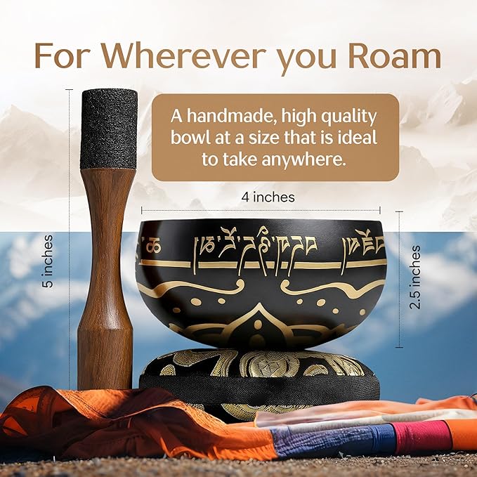 Handmade Tibetan Etched Singing Bowl Set – Sound Bowl & Meditation Bowl with Cushion, Mallet & Guide – Vibrational Healing Instruments – Chakra Healing Tools – Mindfulness Gift Set
