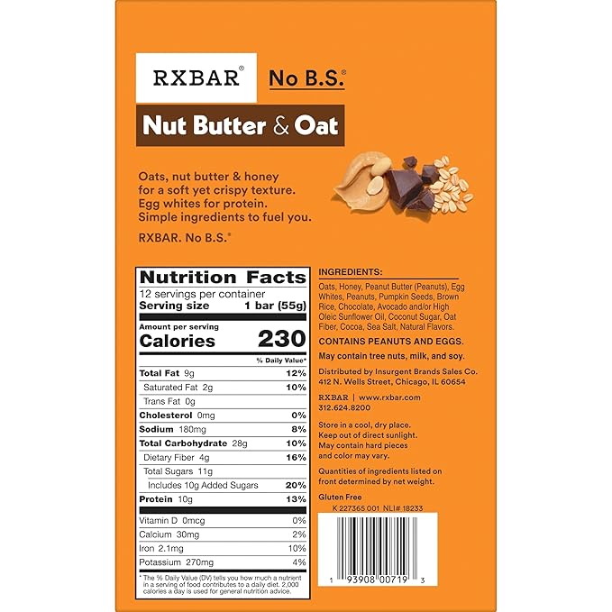 RXBAR Nut Butter and Oat Protein Bars, Protein Snacks, Snack Bars, Dark Chocolate Peanut Butter, 23.2oz Box (12 Count)