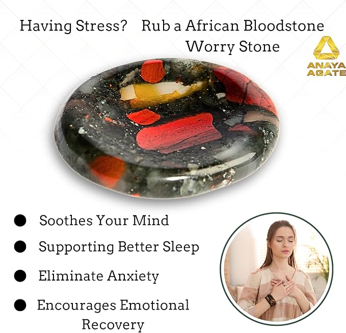 African Bloodstone Worry Stones – Crystal Thumb Worry Stone for Anguish, Stress – Relaxing and Soothing Balance Stones for Meditation – Healing Stones and Crystals for Men and Women
