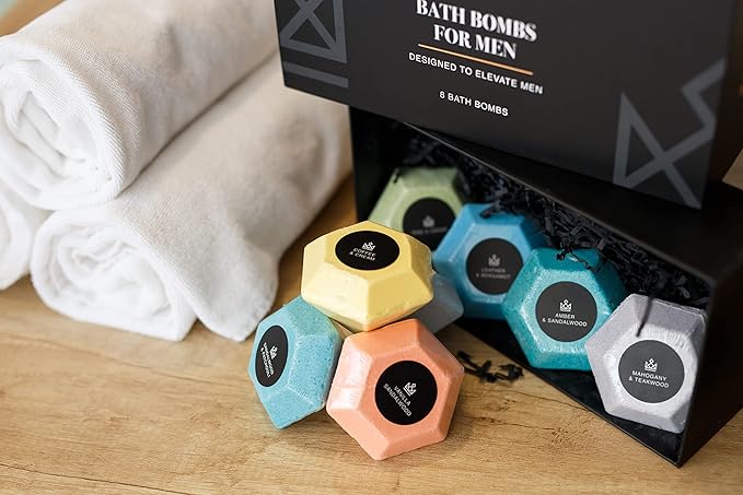 Bath Bombs for Men, Diamond Shape, Gifts for Men, 8 Large 5oz Bombs, 100% Natural Products & Essential Oils, Soak in, Bubble Bath