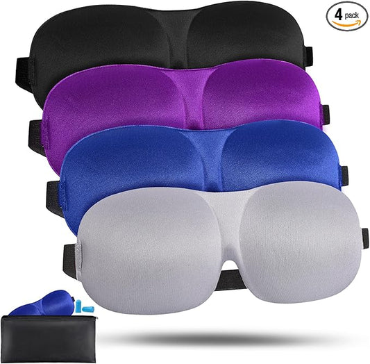 4 Pack Sleep Mask for Women and Men Adjustable Blackout 3D Eye Masks for Sleep, Blindfold with Storage Bag and Earplug for Travel Nap and Night (Black, Purple, Blue, Gray)