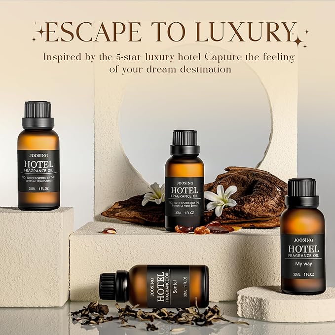 Essential Oils Set, Hotel Diffuser Oil Inspired by The Hotel Scent, Fragrance Oil Glass Bottle for Aromatherapy Diffusers and Humidifiers (4 Fl Oz, Venetian + Shangrila + My Way + Santal)