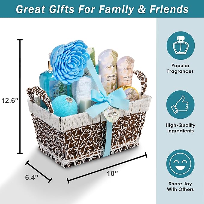 Spa Baskets For Women - Luxury Bath Set With Jasmine & Lavender - Spa Kit Includes Wash, Bubble Bath, Lotion, Bath Salts, Body Scrub, Hand Cream, Shower Puff, Bathbombs, Soap and Towel