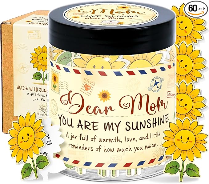 Mom Affirmation Jar – You Are My Sunshine Gift - Mom Birthday Gifts From Son, Daughter - Mothers Day, Christmas, Birthday Gifts For Moms - 60 Positive Sunflower Affirmation Cards