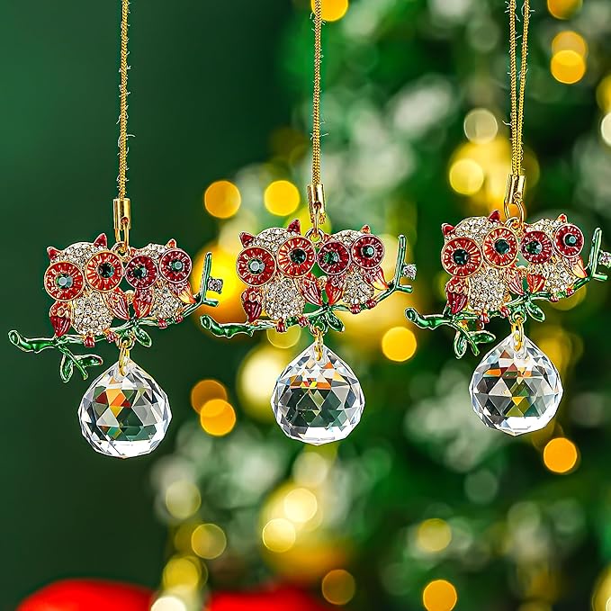 H&D HYALINE & DORA 6 Pack Owl Christmas Ornaments Mini Owl Hanging Crystal Ornament Christmas Decor Bird Ornaments for Xmas Tree Birthday Gift
