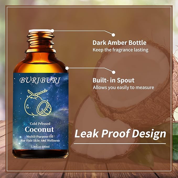 BURIBURI Coconut Essential Oil 100ml Premium Grade Scented Oil Coconut Fragrance Oil Carrier Oil for Diffusers, Massage, Candle Making Soap Making