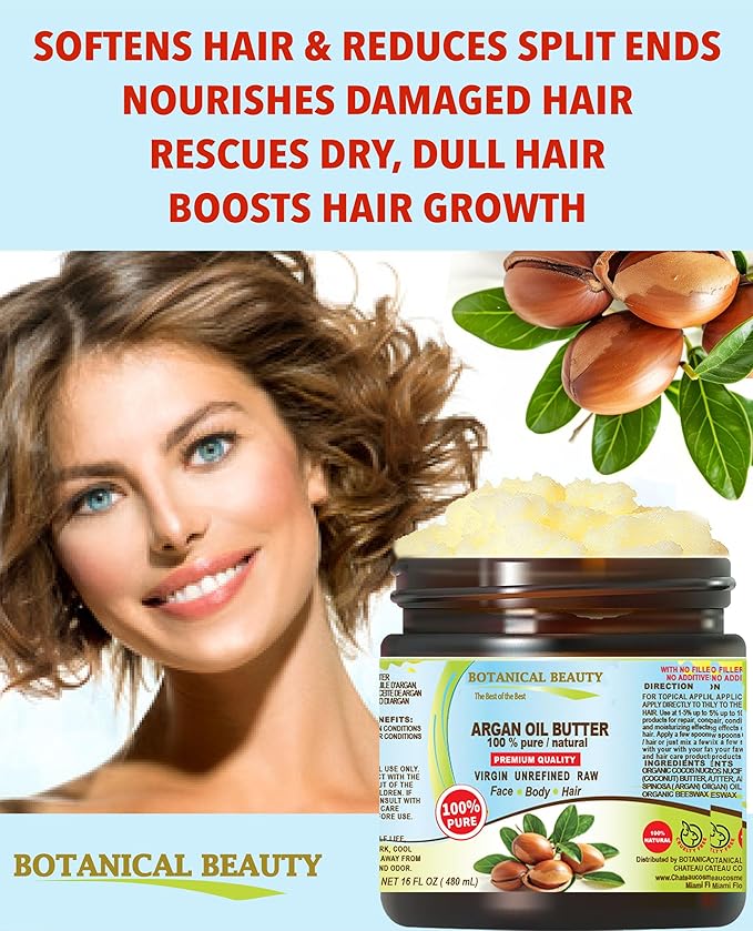 Botanical Beauty ARGAN OIL BUTTER RAW 100% Pure Natural VIRGIN UNREFINED Cold-Pressed for Face, Skin, Body, Hair, Lip, Nails. Rich in Vitamin E (16 Fl Oz)