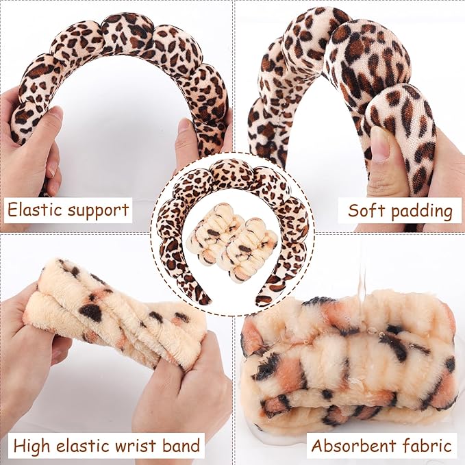 Zkptops Spa Headband for Washing Face Wristband Set Sponge Makeup Skincare Velvet Fabric Bubble Soft Get Ready Hairband for Women Girl Puffy Padded Headwear Non Slip Thick Hair Accessory(Leopard 1)