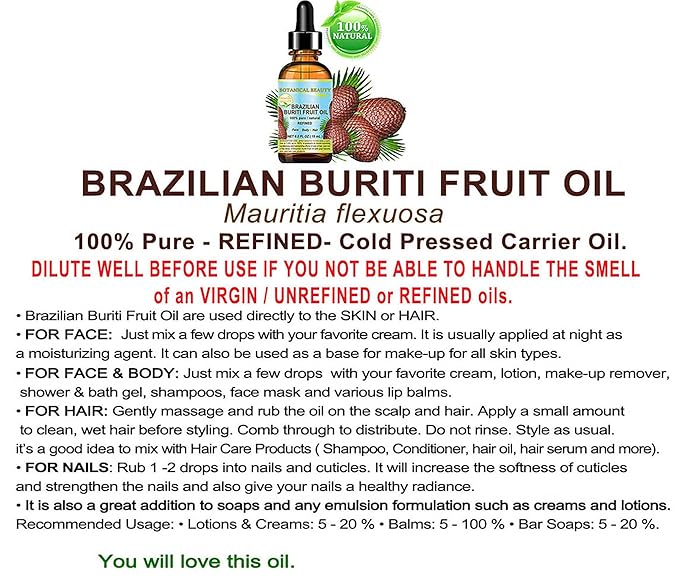 Botanical Beauty Brazilian BURITI FRUIT OIL 100% Pure Natural Refined Cold Pressed Carrier Oil Undiluted 0.5 Fl Oz - 15 ml for Face, Skin, Body, Hair, Nails