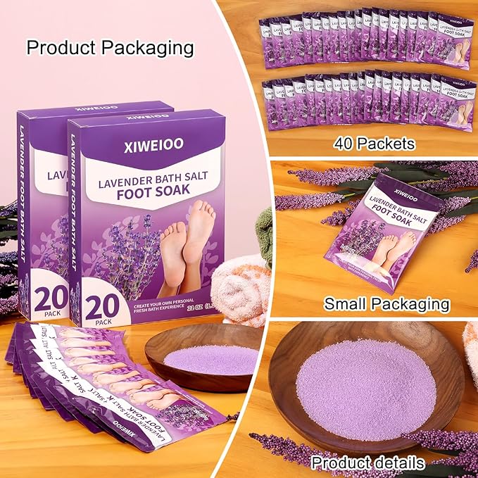 40 Packs of Foot Bath soak Salts kit Lavender Epsom Salts Tea Tree Oil Dry Cracked HEE Toenail Athletes Foot, Stubborn Foot Odor Scent, Softens Calluses Pedicure Tired Feet spa Message