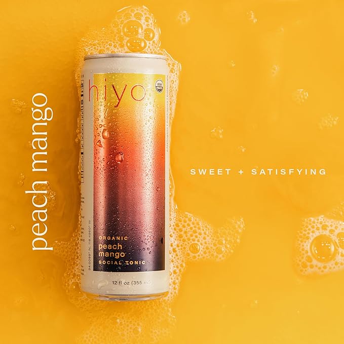 Hiyo Organic Social Tonic - Peach Mango, 12 Pack - N.A. Functional Seltzer, Sparkling Water Crafted with Organic Adaptogens, Nootropics & Botanicals