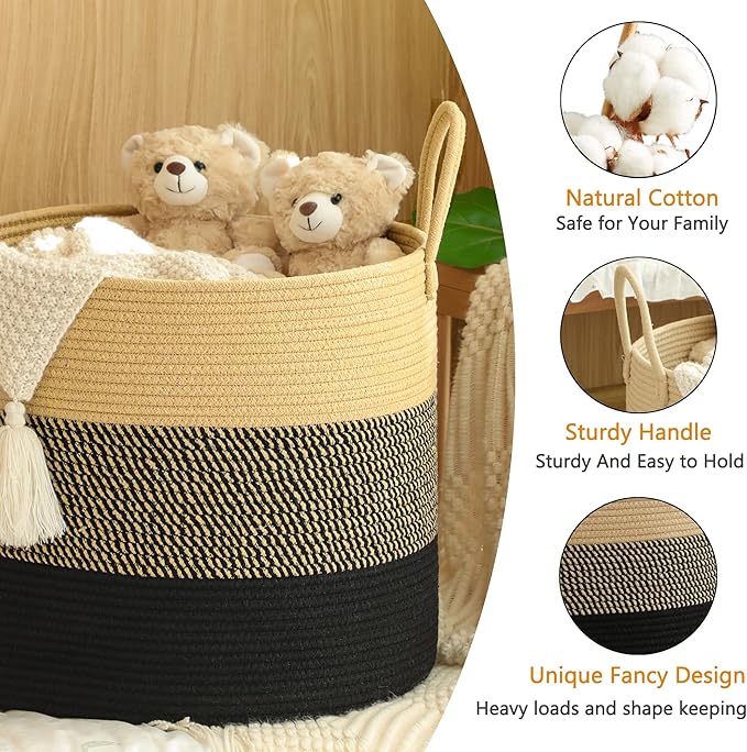 KAKAMAY Large Blanket Basket (18"x18"x16"),Woven Baby Laundry Hamper for Storage, Cotton Rope Blankets Baskets for Nursery, Laundry, Living Room, Pillows, Baby Toy Chest with Handles (Black)