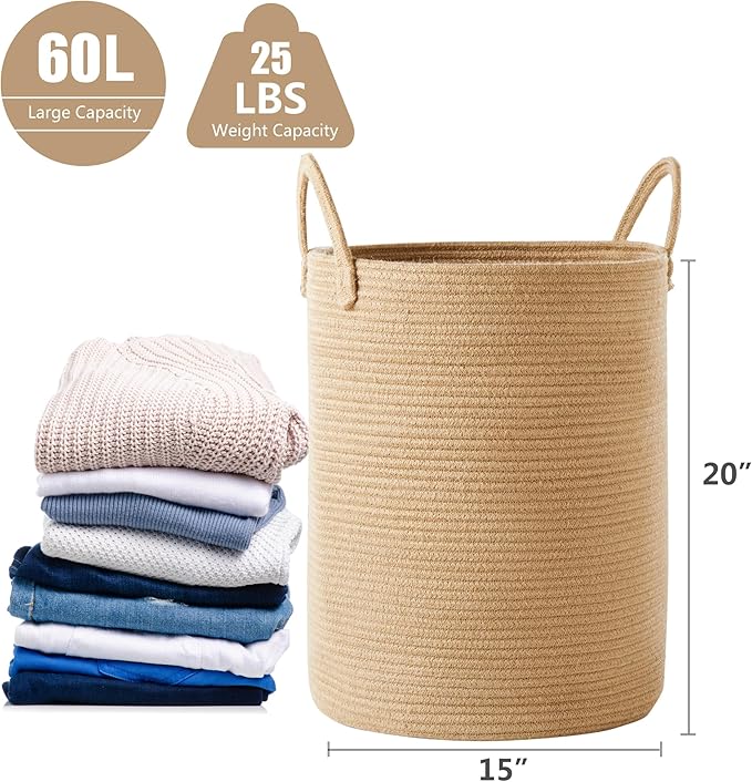 15Dx20H inches Jute Woven Hamper Laundry Basket Wicker Rope Clothes Hamper for Baby Nursery Kids Tall Rattan Blanket Basket in Living Room Bedroom 60L Large Capacity