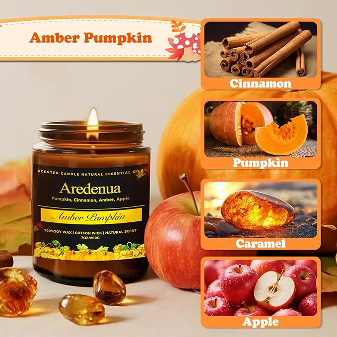 Amber Pumpkin Candle | Fall Pumpkin Candles - Scented Candle for Autumn, 7oz Soy Candles for Home Scented, 50 Hours Burn Time, Harvest Holiday/Halloween/Thanksgiving Fall Gifts for Women Men