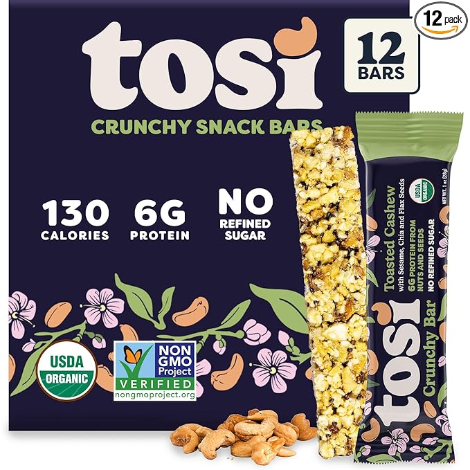Tosi Cashew Protein Bars, Plant Based with Nuts, Gluten-Free Crunchy Snacks, Vegan, Organic, Flax & Chia Seeds, Soy-Free, Omega 3s, 5G Protein, 1 oz, 12-Pack