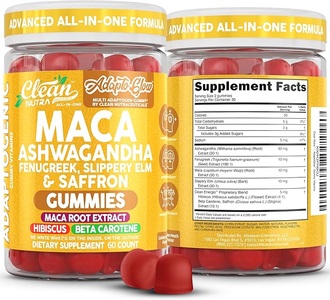 Clean Nutra Maca Root Gummies Ashwagandha Fenugreek Slippery Elm Saffron Hibiscus Beta Carotene Vitamin A for Women Macaroot Extract 60 Gummies Vegan Adaptogen Supplement Gummy Non GMO