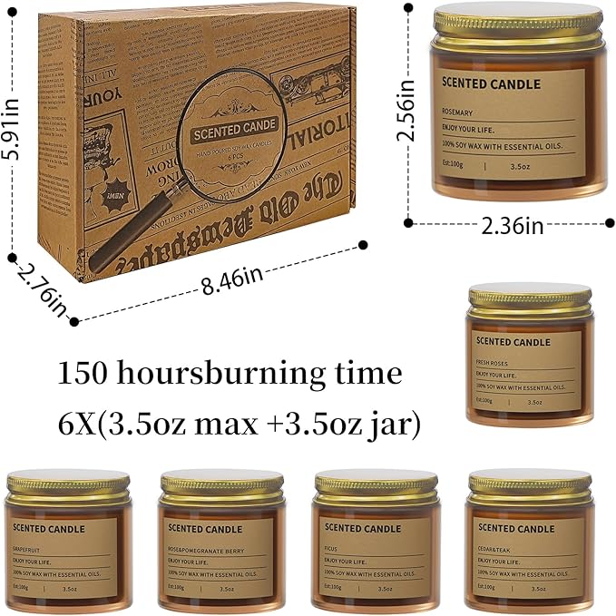 6 Pack Scented Candles Gifts for Women,3.5 Oz Amber Candles Set, 150 Hours Long Burning Soy Wax Candles Jar Aromatherapy Candles for Stress Relief, Birthdays, Weddings, Christmas Gifts, Yoga, Bath